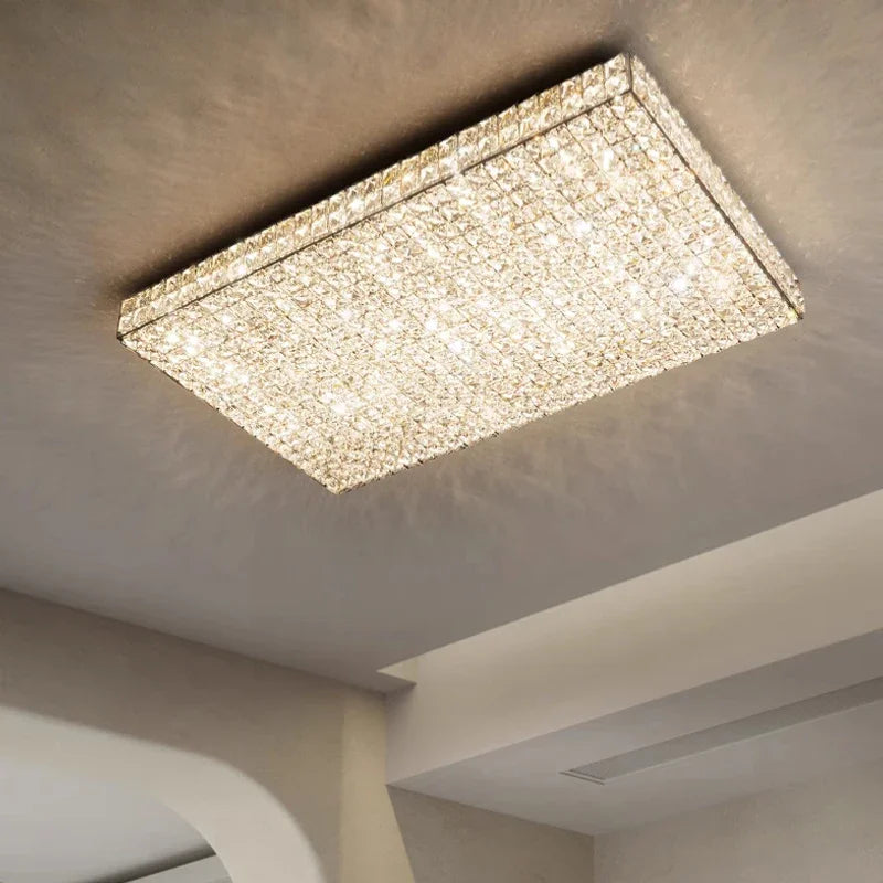 Square crystal ceiling light fixture on a ceiling