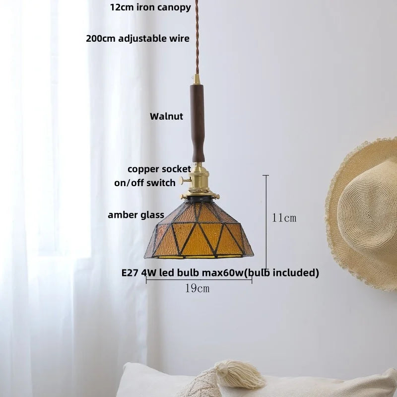 Pendant light with measurements and features labeled on a white background