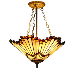Close-up of a Tiffany-style fan pendant light with a colorful stained glass shade and a chain suspension system against a white background.