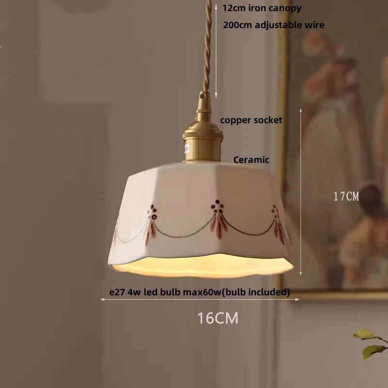 Ceramic pendant light with measurements and specifications on a neutral background