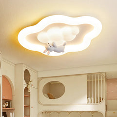 View of a white cloud-shaped flush mount LED ceiling light in a child's bedroom setting.