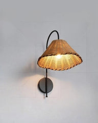 Rattan Cone Shade Wall Sconce with Black Metal Arm Natural Light