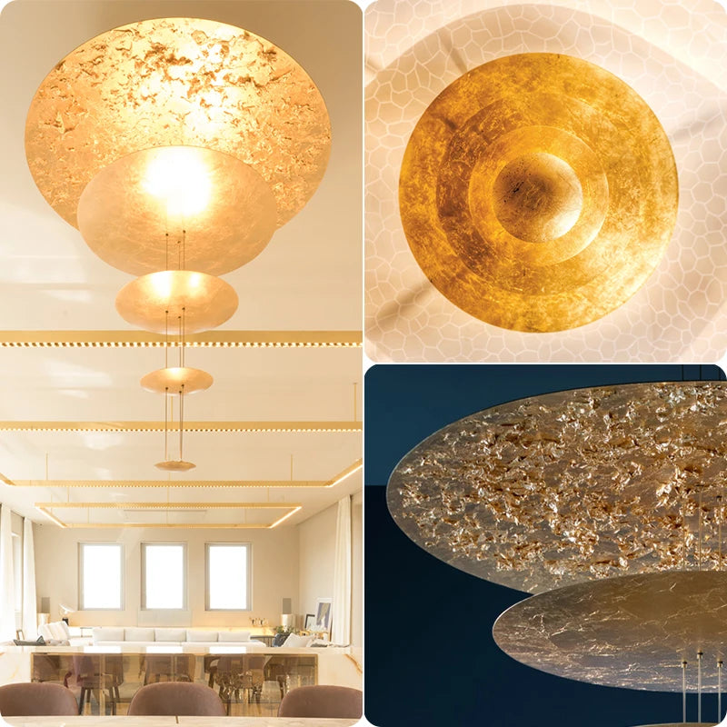 Collage of gold ceiling lights in a room setting