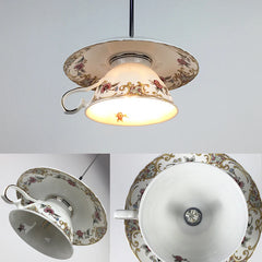 Gold Metal Frame Floral Ceramic Pendant Light with Green Leaf Accents