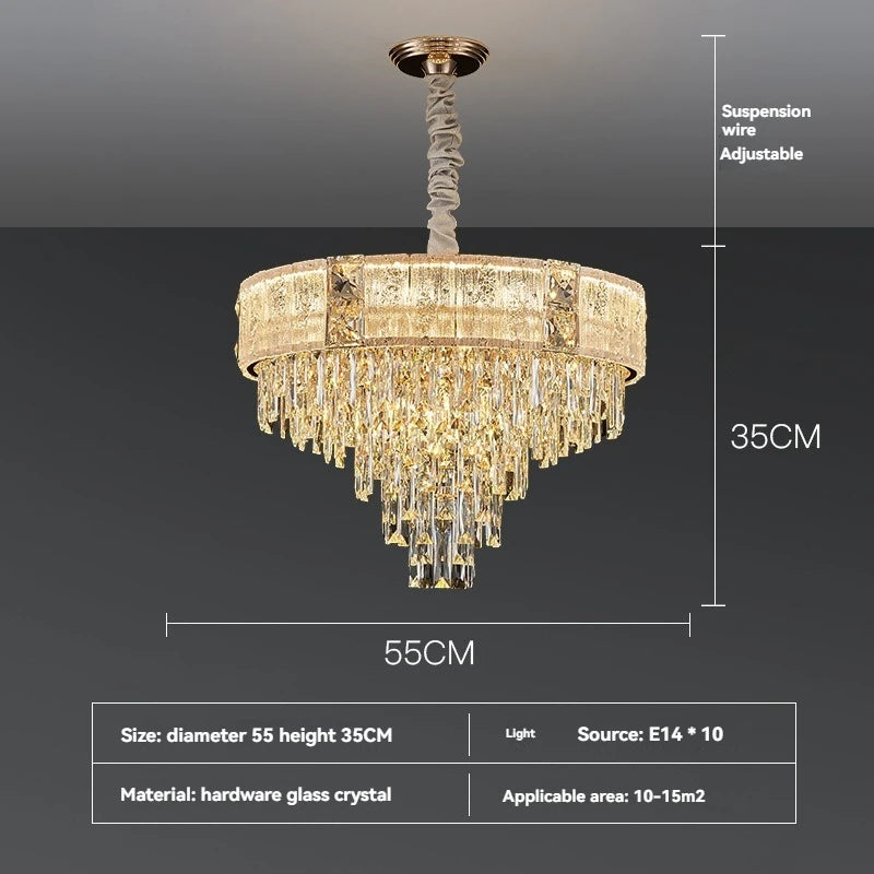 Chandelier with dimensions and specifications on a dark background