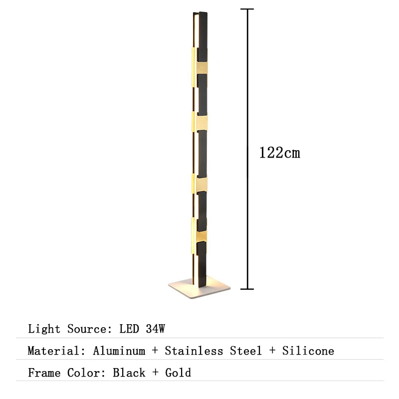 Black and gold lamp with dimensions and material details on a white background