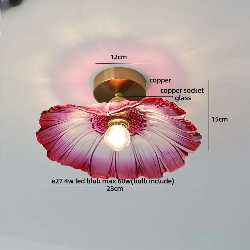 Ceiling light fixture with pink floral design and measurements on a gray background