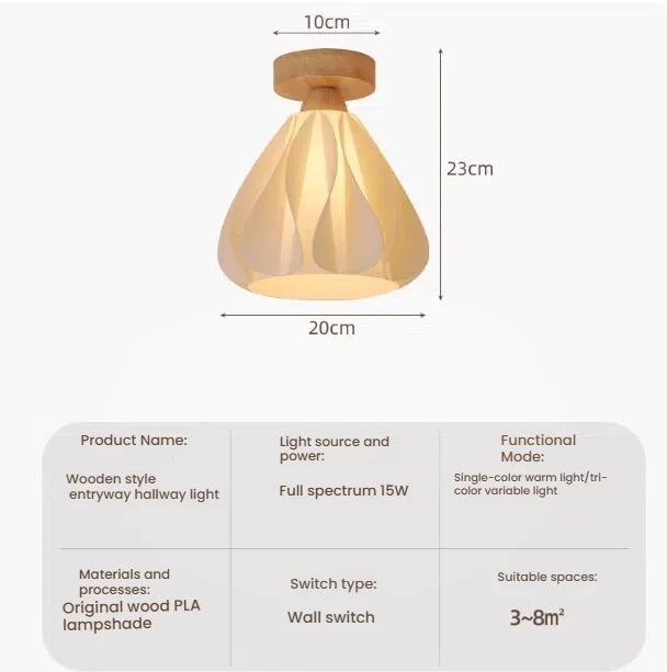Wooden style entryway hallway light with dimensions and specifications on a white background