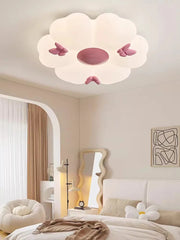 White Flower Cloud Semi-Flush Mount Light with Pink Butterflies