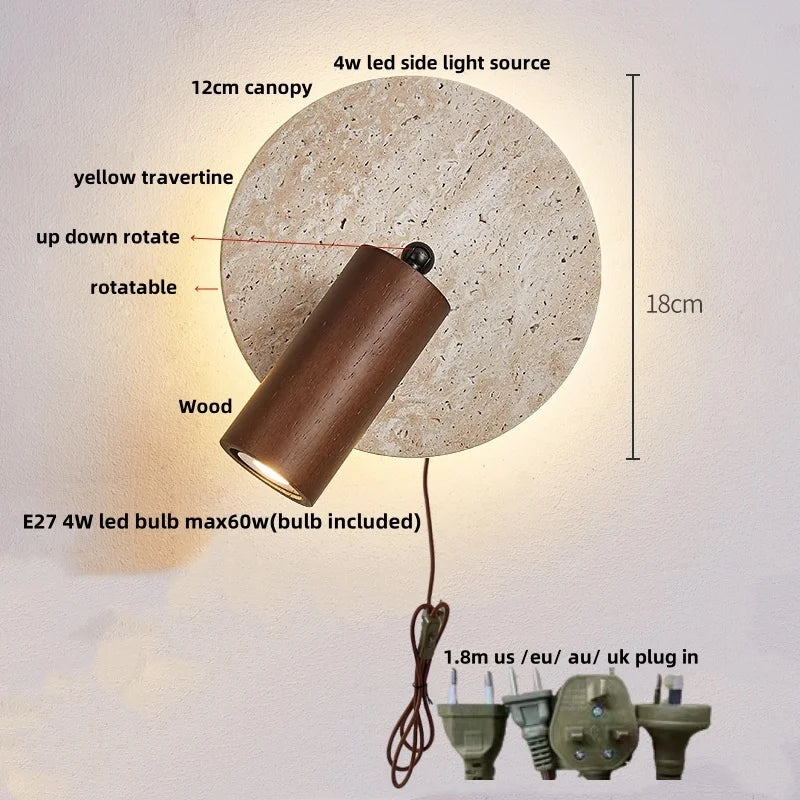 Wall-mounted light fixture with wooden finish and concrete canopy, featuring technical details and bulb information.