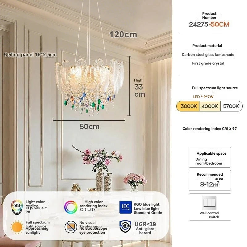 Chandelier with dimensions and product details on a white background