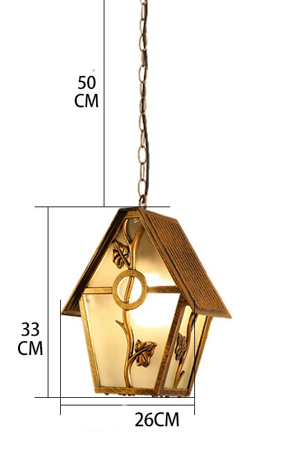 Decorative pendant light with dimensions on a yellow and white background