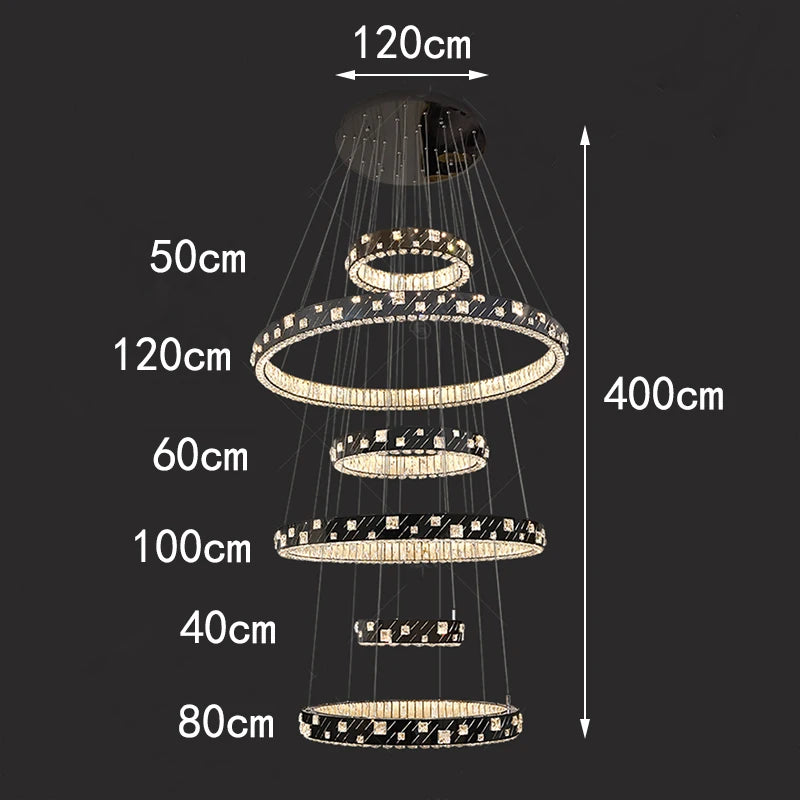 Measurement chart of a multi-layered chandelier with dimensions labeled.