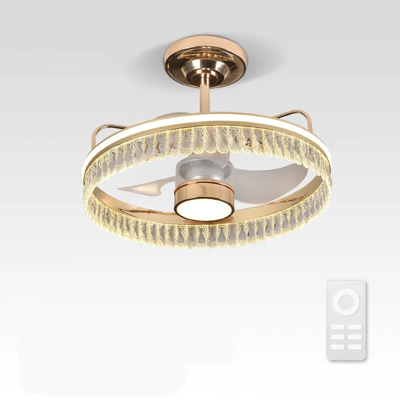 Gold ceiling fan with light fixture on a white background