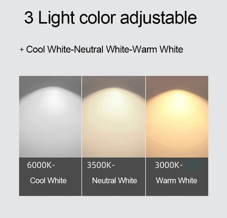 Three light color adjustable options with corresponding temperatures on a gray background.