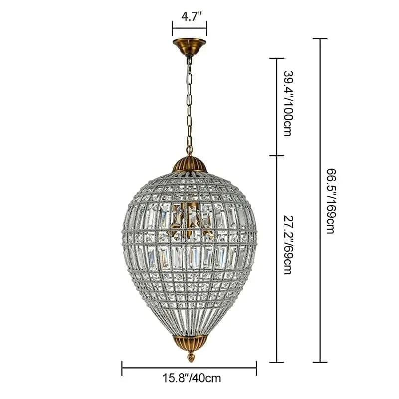 Decorative pendant light with dimensions on a white background