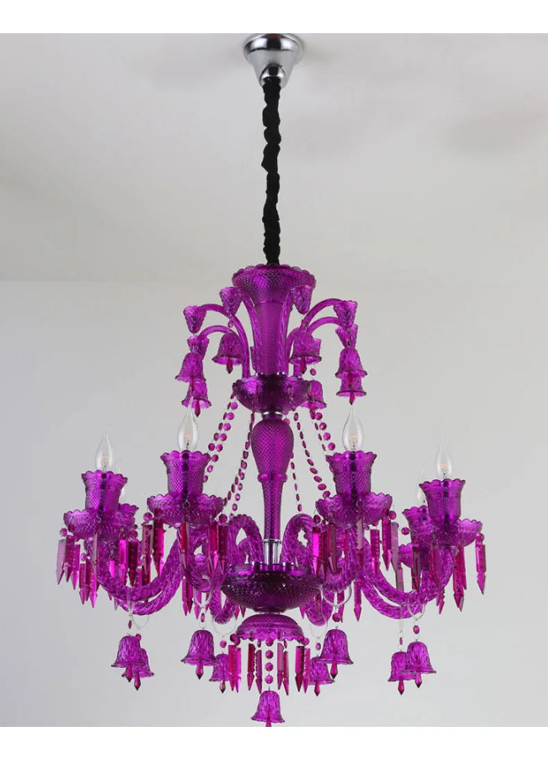 Purple crystal tiered candelabra chandelier with visible candle bulbs and decorative hanging chains.