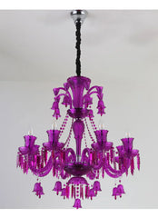 Purple crystal tiered candelabra chandelier with visible candle bulbs and decorative hanging chains.