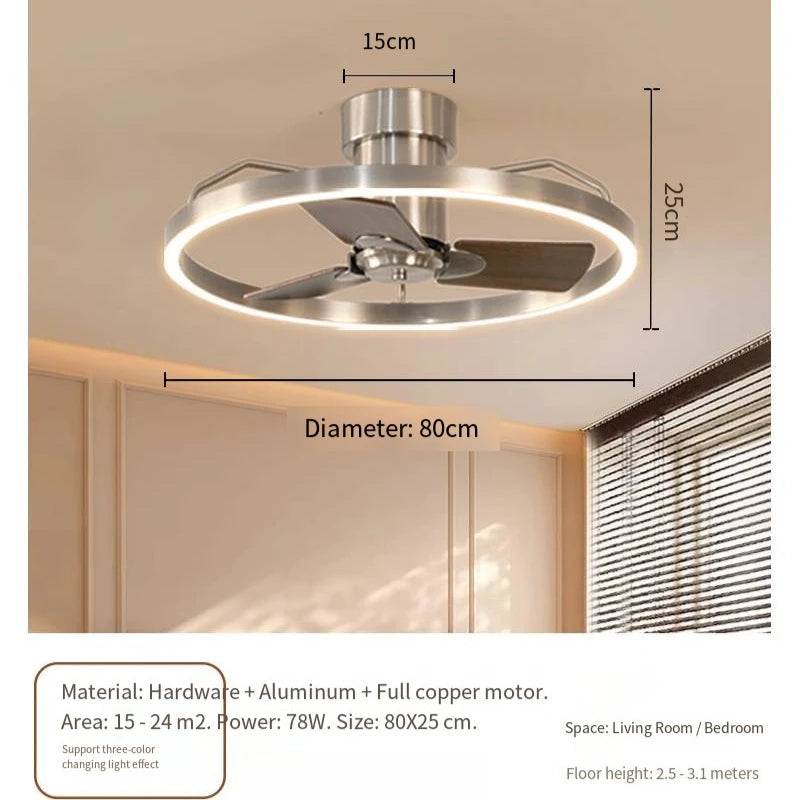 Ceiling fan with dimensions and material details on a neutral background