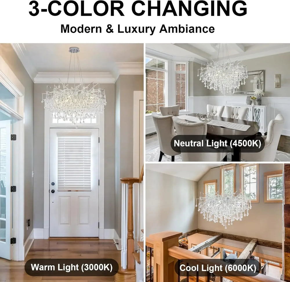 A collage showing the chandelier in different lighting conditions: warm light in a hallway, neutral light in a dining room, and cool light on a staircase.