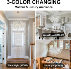 A collage showing the chandelier in different lighting conditions: warm light in a hallway, neutral light in a dining room, and cool light on a staircase.