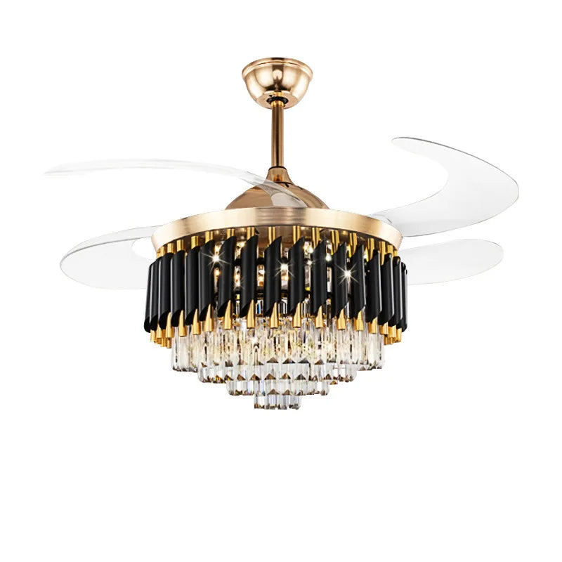 Ceiling fan with gold and black design on a white background