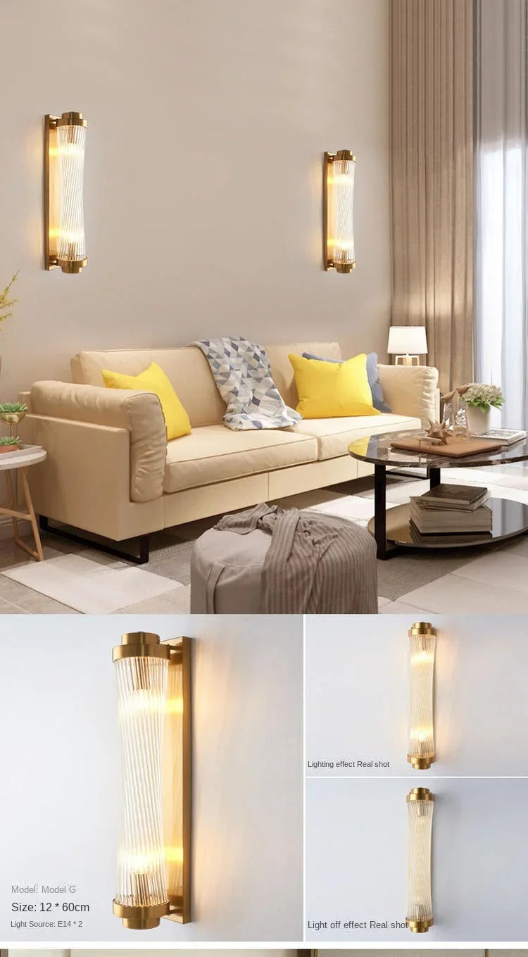 Modern living room with beige sofa, yellow cushions, and wall-mounted lights.