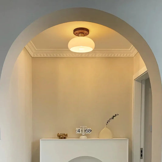 Frosted glass dome ceiling light with a wood base, mounted in an arched entryway.
