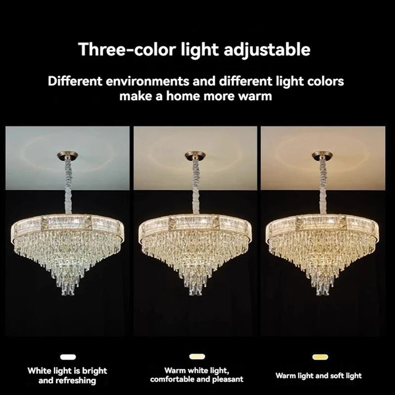 Comparison of the chandelier's light settings: bright white, comfortable warm white, and soft yellow light.