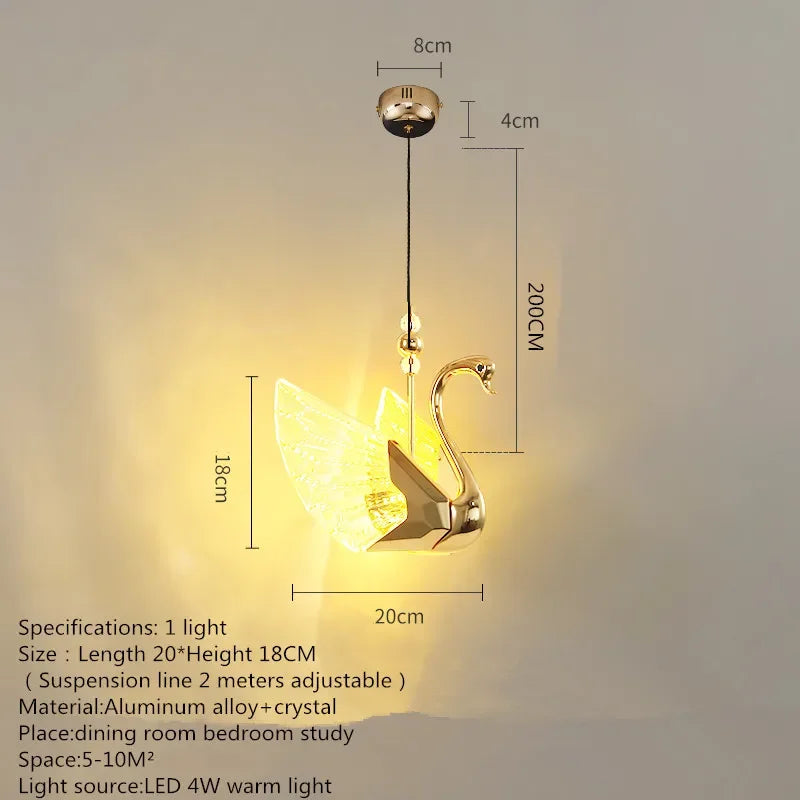 Gold swan-shaped pendant light with dimensions and specifications on a gray background