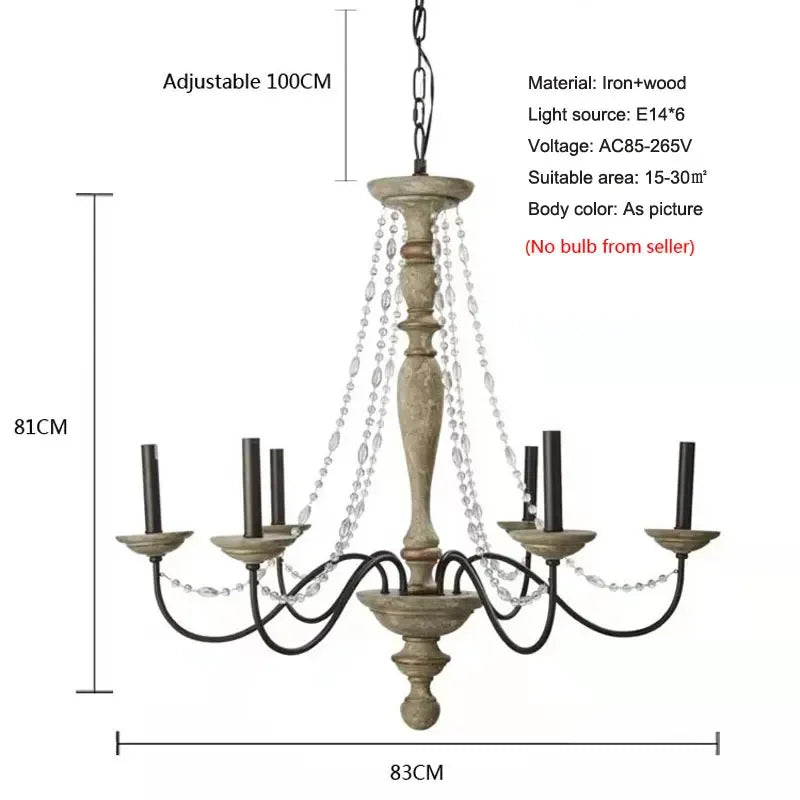 Wooden chandelier with dimensions and specifications on a white background