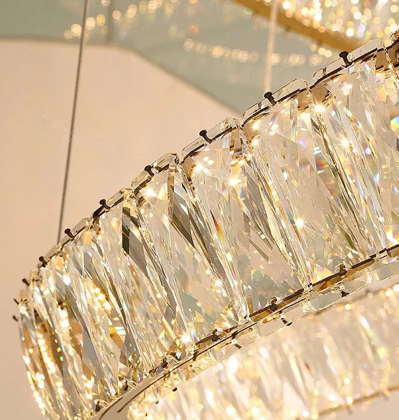 Close-up of a crystal chandelier with a soft background