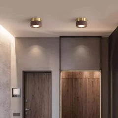 Close-up of two flush mount ceiling lights, one larger and one smaller, featuring black walnut wood and brushed brass.