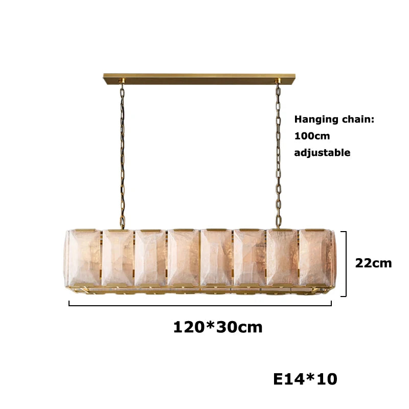 Pendant light with dimensions and hanging chain length on a white background