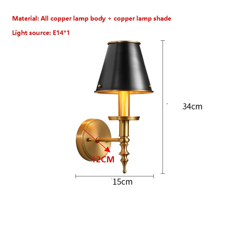 Wall-mounted lamp with black shade and gold base, dimensions indicated.