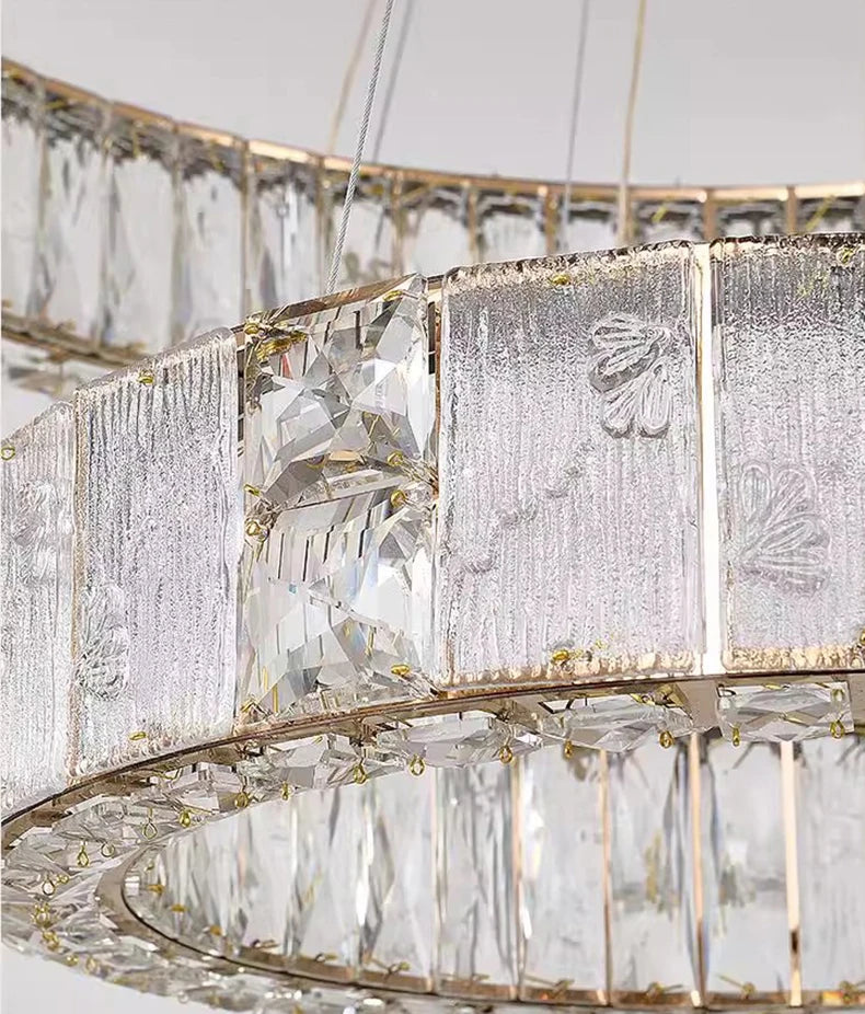 Close-up of a crystal chandelier with intricate design
