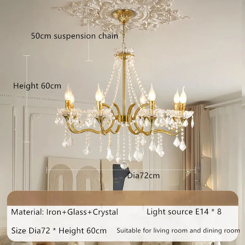 Gold chandelier with crystal accents in a room setting, showing dimensions and material details.