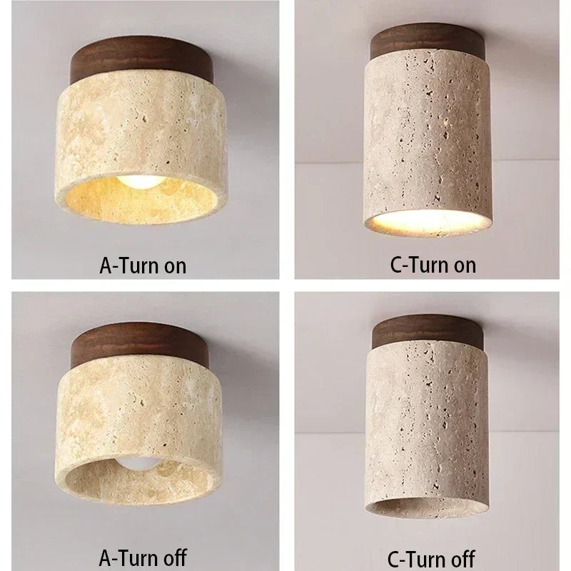 Four views of a stone texture pendant light with a wood top, showing it turned on and off from different angles.