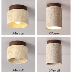 Four views of a stone texture pendant light with a wood top, showing it turned on and off from different angles.
