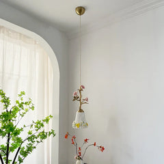 Gold Metal Chandelier with Rose Bud Accents and Frosted Glass Shades