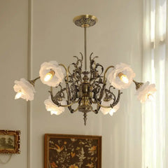 Brass Floral Chandelier with Rose Buds and Frosted Glass Bell Shades