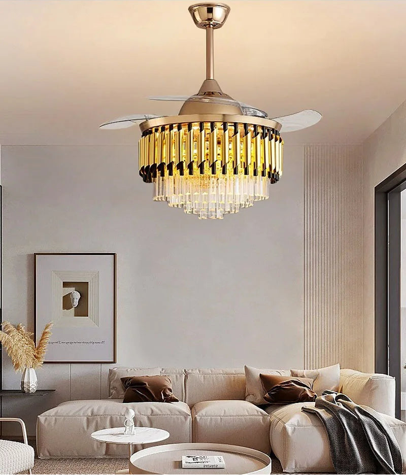 Modern living room with a decorative ceiling fan light fixture.