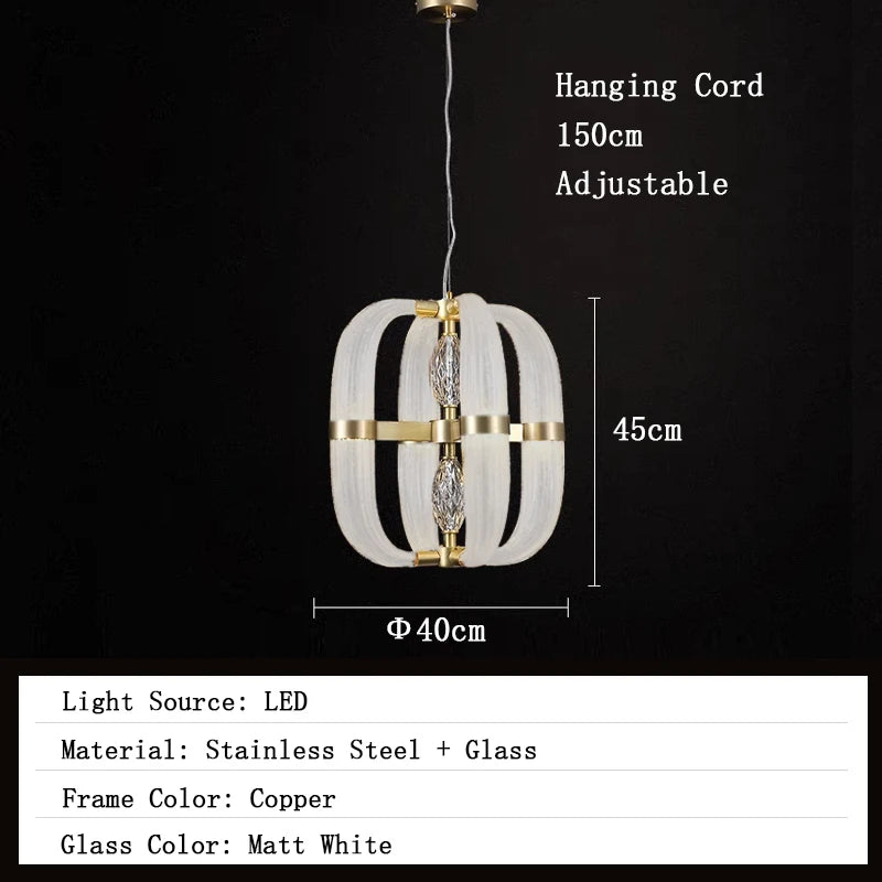 Chandelier with dimensions and material details on a black background