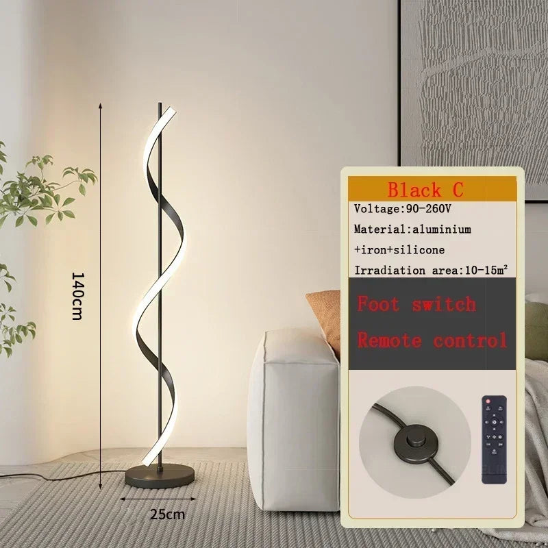 Modern floor lamp with dimensions and control details displayed