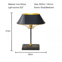 Black Cone Shade Metal Table Lamp with Gold Accents and Drum Base