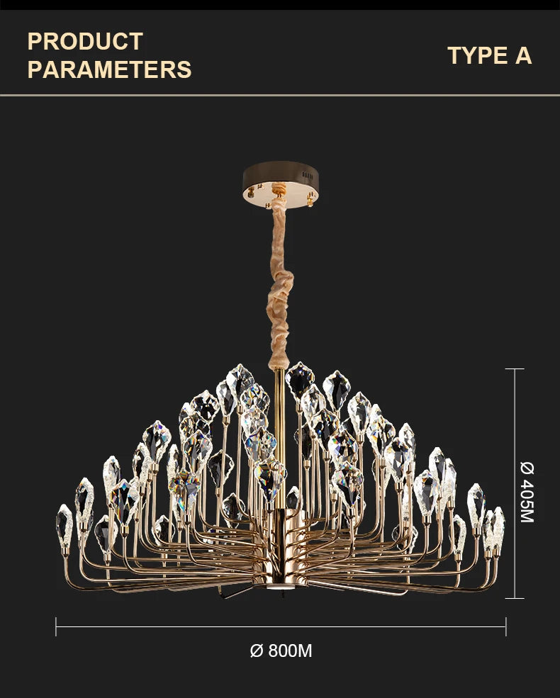 Chandelier with crystal details on a black background, featuring product parameters.