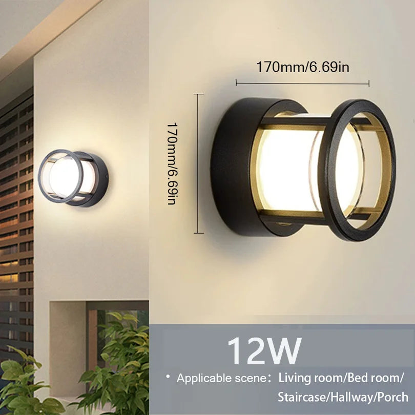 Outdoor wall light fixture with dimensions and features on a neutral background