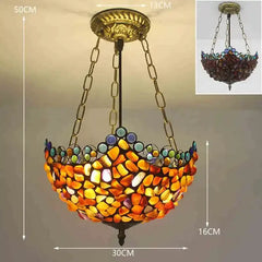 An orange and yellow stained glass pendant light with a scalloped top edge adorned with colorful glass beads, shown with dimensions of 50cm height and 30cm width.