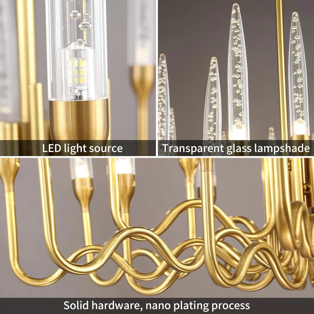 Gold chandelier with LED light source, transparent glass lampshade, and solid hardware on a gray background.