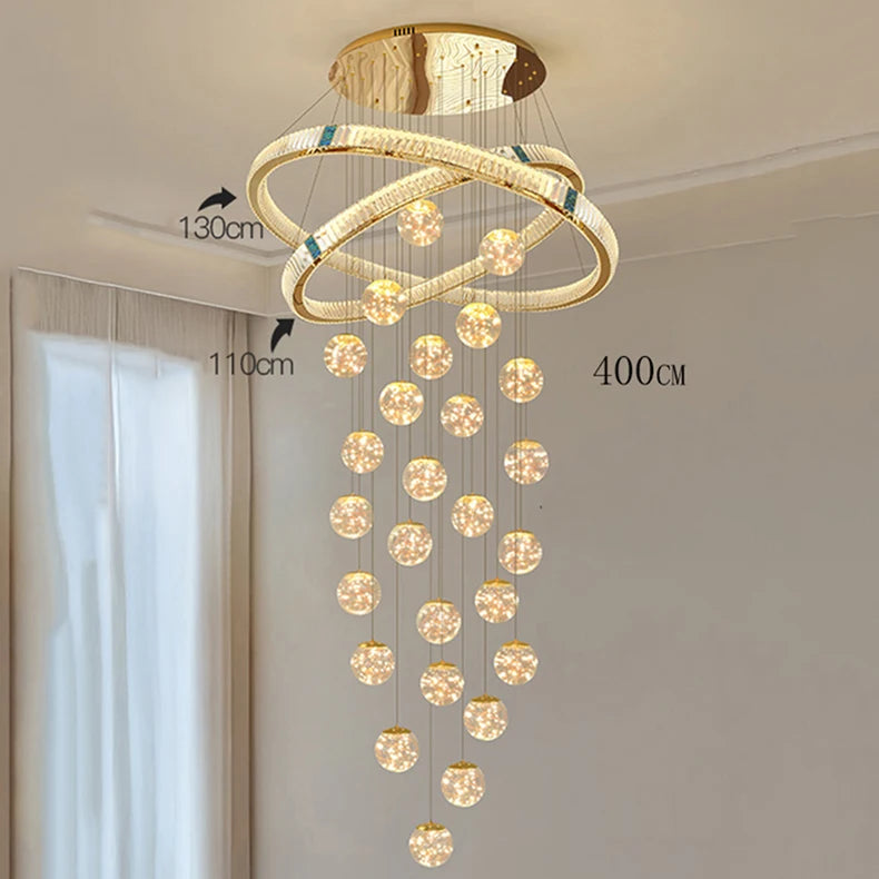Chandelier with multiple rings and hanging lights in a room setting